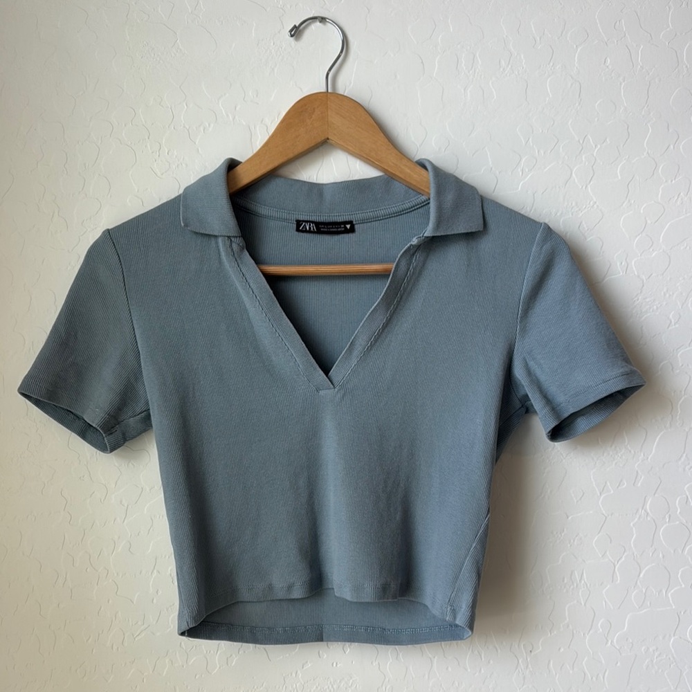 Zara Gray Fitted Polo Crop Tee Short Sleeve